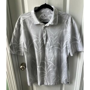 Nat Nast Polo Shirt Mens Size L Gray White Floral Leaf Print Short Sleeve